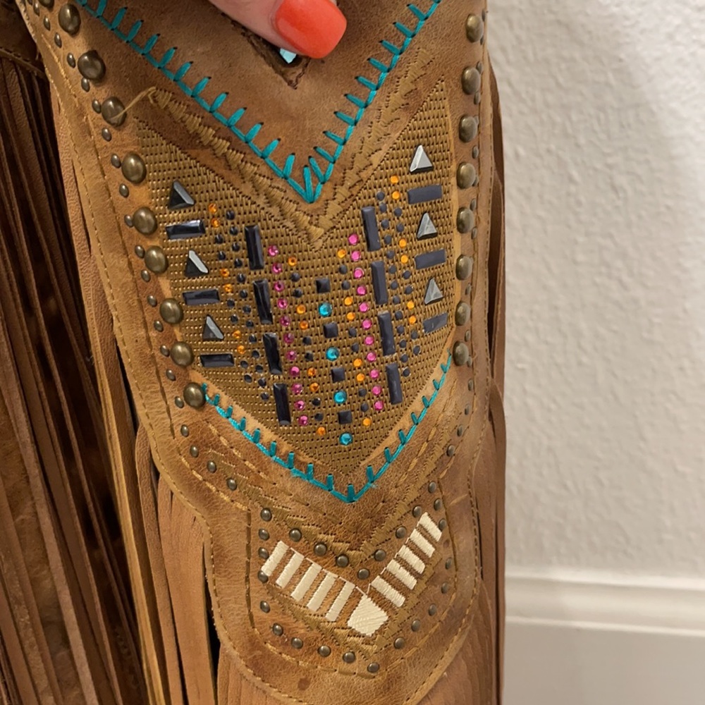 Corral Tan and Teal Fringe Heeled Boots - Picture 2 of 8